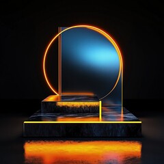 A retro futuristic stone podium features a unique circular design and illuminated edges, set against a dark background, creating an elegant display for product showcasing