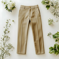 Elegant Beige Trousers Product Photography with Floral Decor - Fashion Illustration