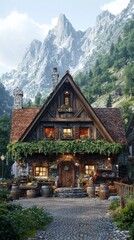 Cozy home welcomes, scenic mountains backdrop, perfect for travel brochure & ads
