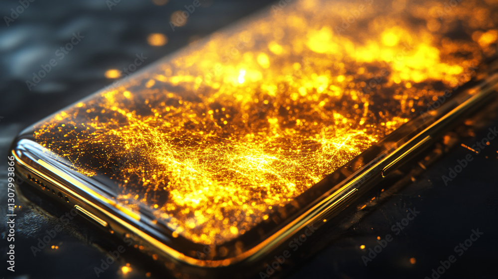 Poster futuristic smartphone with glowing golden energy sparks on its surface creating a high-tech visualiz