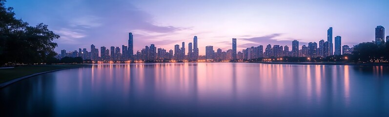 Fototapeta premium Panoramic view of a city skyline at sunset with reflections on the water.
