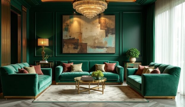 A luxurious Art Deco-inspired living room with rich jewel tones like emerald green and gold, geometric patterns, and velvet upholstery. Incorporate modern elements like a sleek glass coffee table