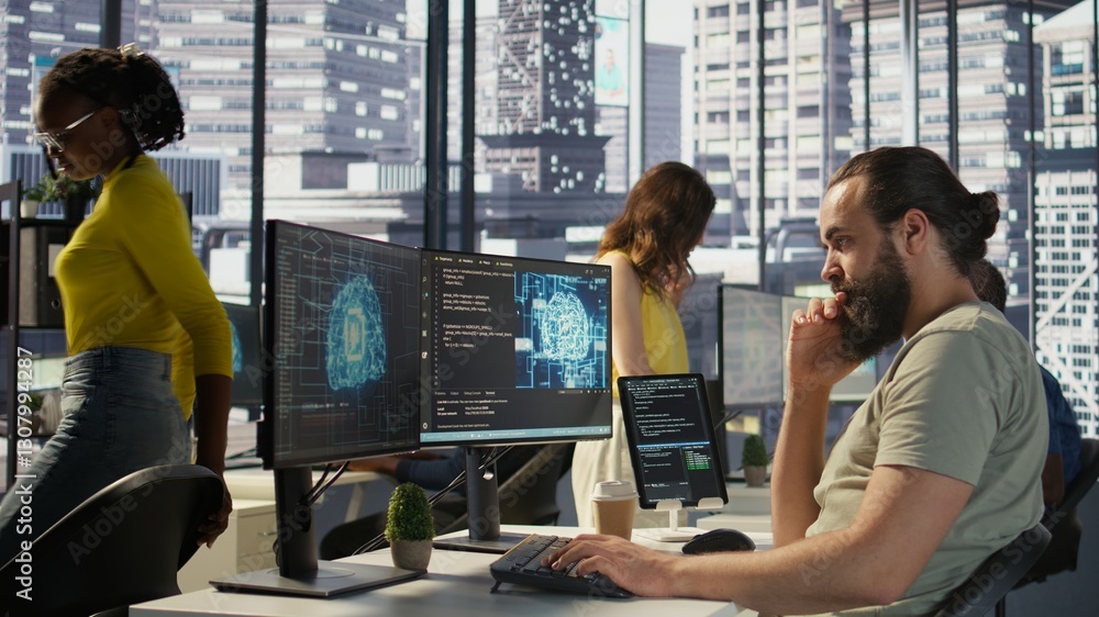 Poster employee utilizing ai resources and platforms to train and deploy machine learning models, handheld 