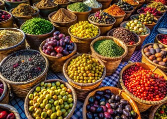 Fototapeta premium Aerial View of Assorted Olives for Sale at Farmers Market