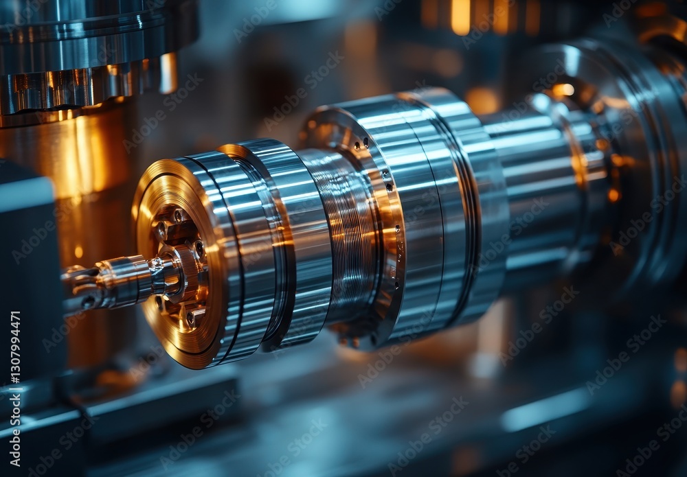 Poster precision engineering close-up of metal component with reflective surfaces and intricate details in 