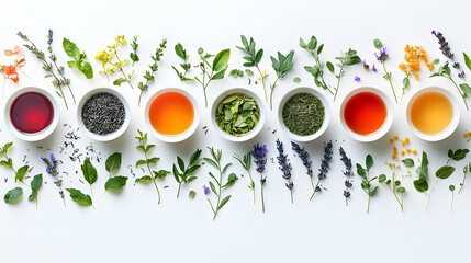 Vibrant Herbal Tea Assortment: A Flat Lay Photography of Colorful Herbal Teas and Flowers