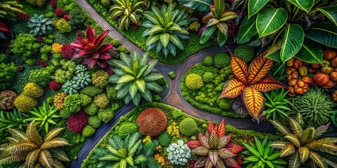 Fototapeta premium Aerial View of Biophilic Botanical Garden with Hand-Drawn Textures – Nature Inspired Design Elements