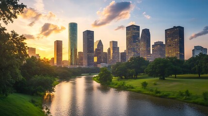 Obraz premium Urban skyline at sunset reflected in a river with green landscape in the foreground.
