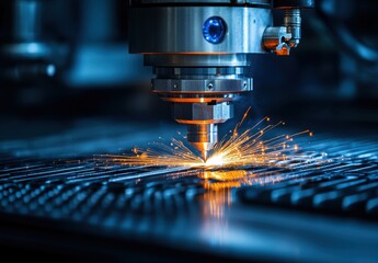 Precision Laser Cutting Process in Action with Sparks and Advanced Technology on Industrial Metal Sheet in Manufacturing Environment