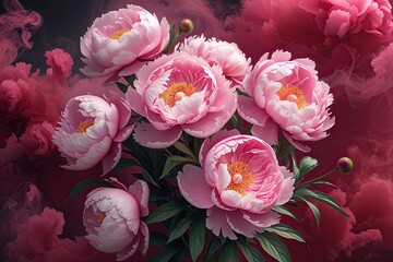 Dreamy Pink Peonies in Ruby Smoke - Elegant Floral Digital Art for Sophisticated Designs