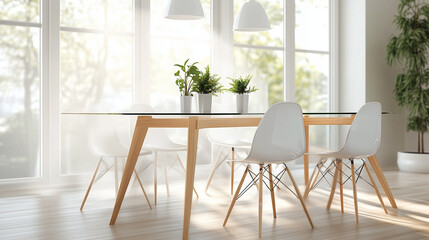 Obraz premium Sophisticated Sleek Glass Dining Table with Wooden Legs Enhancing a Bright and Airy Dining Space
