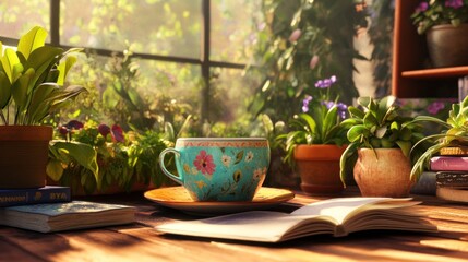 A serene still life of a teacup, books and plants bathed in natural sunlight