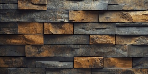 A close-up view of a textured stone wall featuring dark and light stones arranged in a pattern.