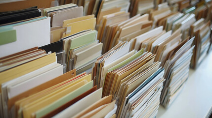 Fototapeta premium Another series of neatly stacked file folders on a pristine white surface, reinforcing themes of orderly simplicity.
