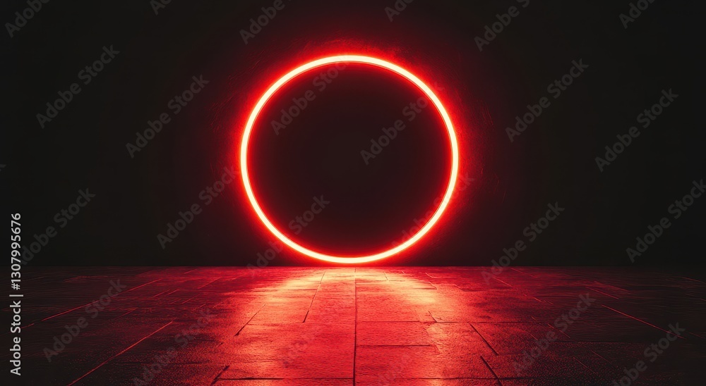 Poster red neon circle in dark space with reflections on floor creating a bold and modern atmosphere for cr