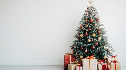 Christmas tree adorned with colorful ornaments and gifts under it, set against