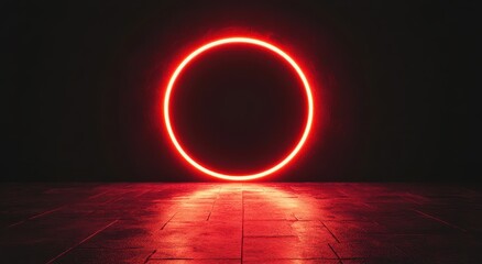 Red Neon Circle in Dark Space with Reflections on Floor Creating a Bold and Modern Atmosphere for Creative Designs and Backgrounds