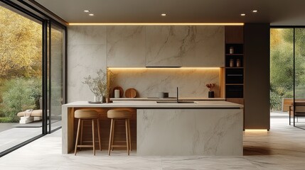 Modern kitchen island, autumnal outdoor view