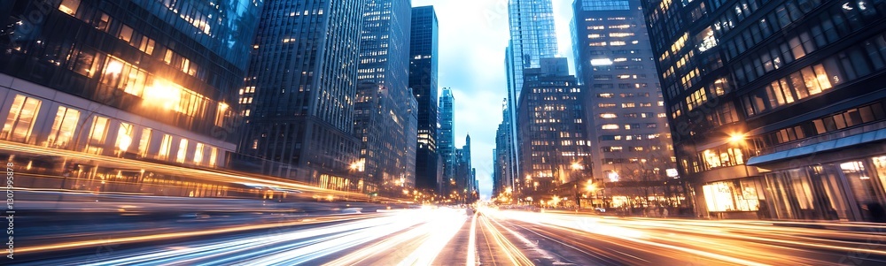 Poster urban skyline at dusk with vibrant lights and moving traffic creating a dynamic atmosphere.