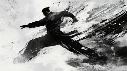 Dynamic Warrior: Monochromatic Ink-Wash Action Painting