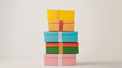 Stack of neatly wrapped gift boxes in festive colors creates a joyful, celebratory display that blends playful design with the charm of curated surprises.