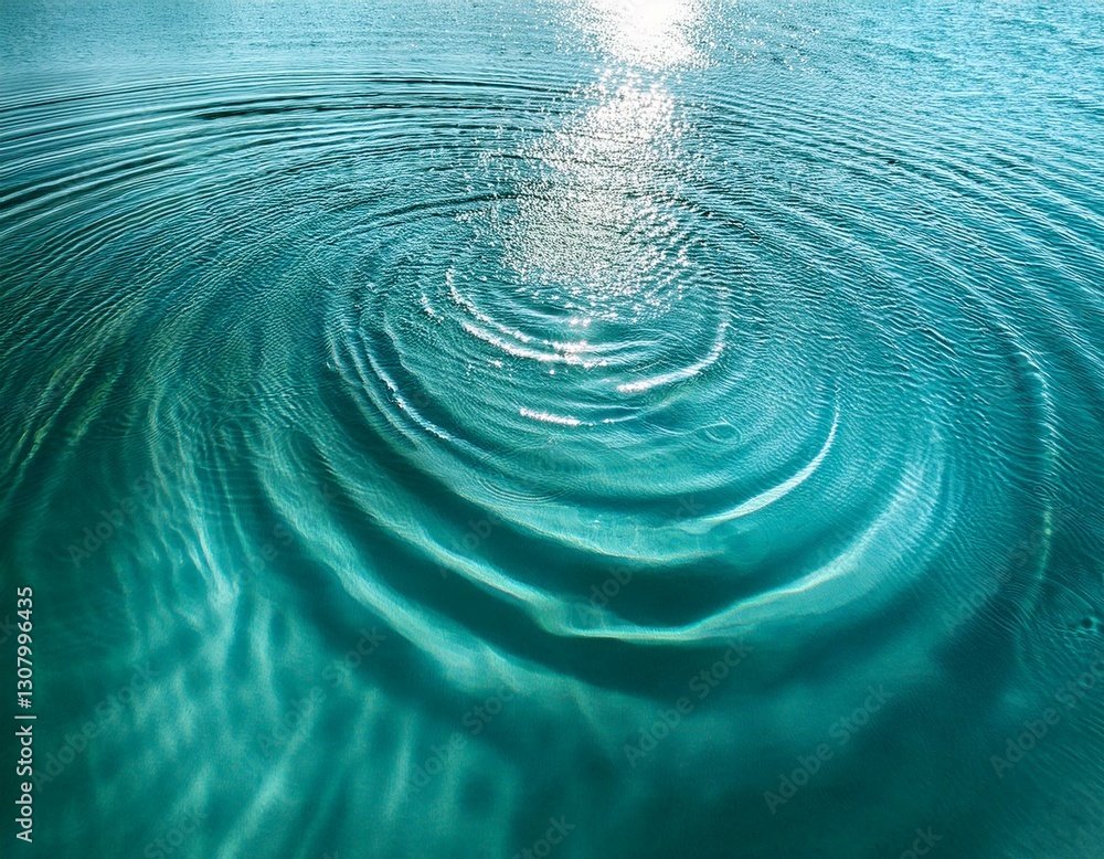 Wall mural turquoise water surface with diverging circular waves play of light and shadow and space for text wa