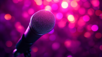 Obraz premium High-End Microphone Featuring Gradient Pink and Purple Backdrop for Professional Studio Recording and Creative Expression