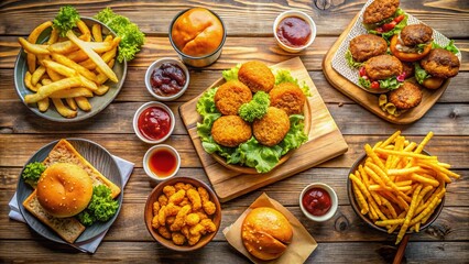Aerial View of Delicious Fast Food Restaurant Dishes, Burgers, Fries, and Drinks
