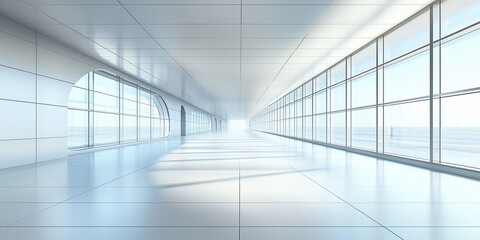 A spacious, modern hallway with large windows and bright lighting.