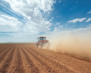 Naklejka premium A red tractor plowing a dusty field under a blue sky with clouds.