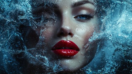 Woman submerged in water with intense gaze