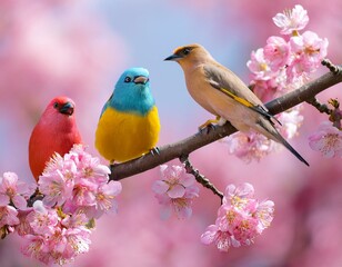 three brightly colored birds in spring on pink flowering branches