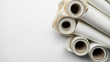Fototapeta premium Bundle of Rolled-Up Canvas Sheets on a Bright White Background, inspiring artistic expression