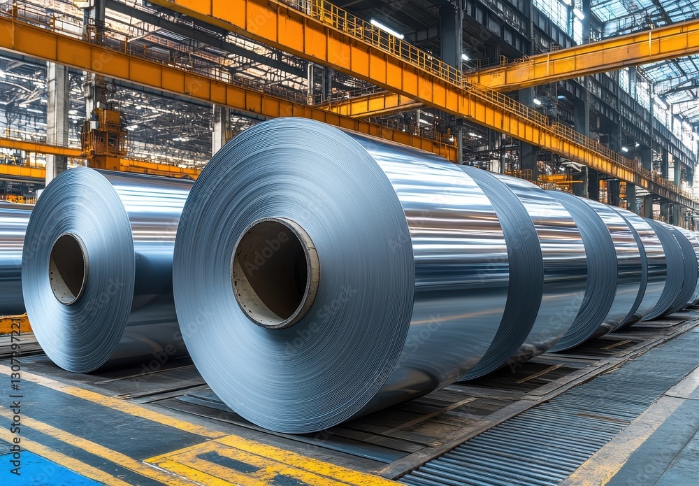 Poster roll of shiny metal sheets in a modern industrial factory showcasing advanced manufacturing technolo