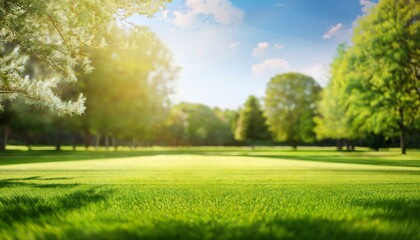 Fototapeta premium beautiful blurred background image of spring nature with a neatly trimmed lawn surrounded by trees against sky on a bright sunny day