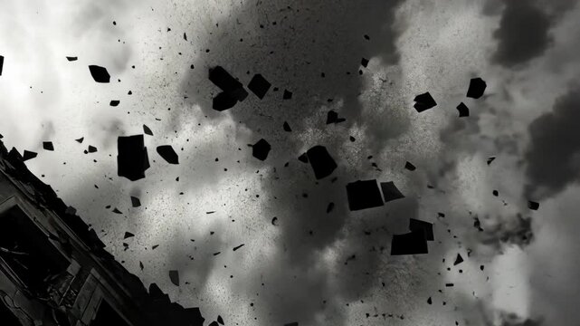 Debris falls from a destroyed building under a stormy sky in a dramatic scene of destruction and chaos