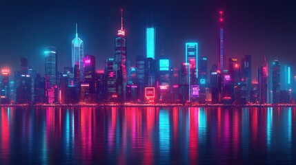 Fototapeta premium Neon cityscape reflected in calm water at night