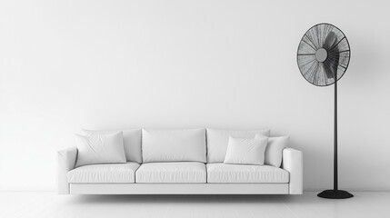 Tower fan positioned beside a minimalist white sofa, merging efficient airflow with contemporary style.