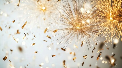 Gold fireworks and confetti bursting in celebration with a clean white background, adding a festive touch to the scene