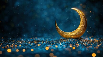 Fototapeta premium Crescent Moon Symbol Gleaming in Festive Sparkling Blue, Gold Background