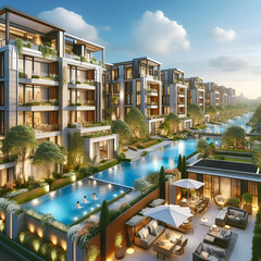  a luxurious residential complex at dusk, featuring modern multi-story buildings with large glass windows and spacious balconies The architecture blends contemporary and classic elements, surrounded 