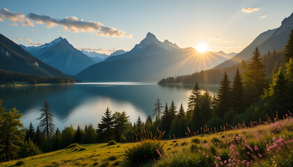 A stunning landscape of a mountain valley with lush green fields, a lake, and clear blue skies, capturing the beauty of untouched nature.