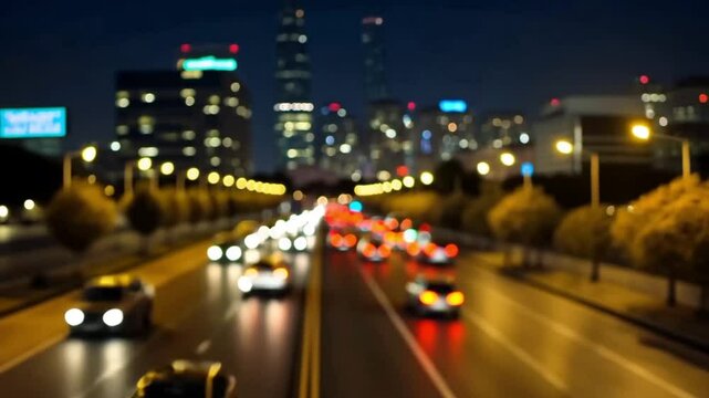 Paris night with Traffic Moving at Night with Bokeh Lights in Urban Cityscape