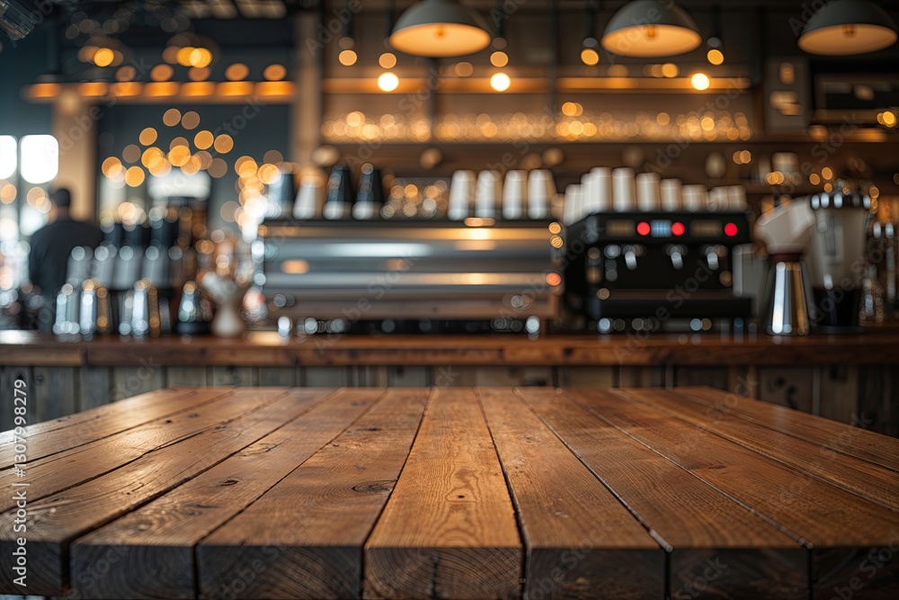 Poster flat wooden table above hazy coffee bar with shimmering bokeh highlights and a cozy atmosphere