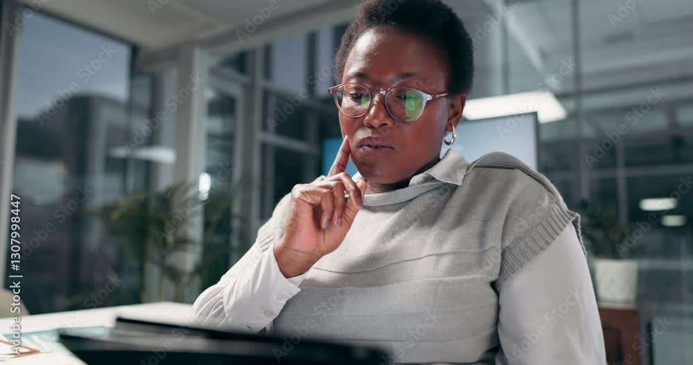 Poster black woman, tablet and thinking at night, office and problem solving for project at startup. africa
