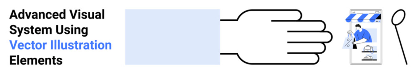 Hand pointing at smartphone screen displaying e-commerce store, magnifying glass emphasizing search feature. Ideal for online shopping, user interaction, digital marketing, retail, tech innovation