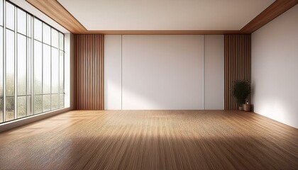 Obraz premium 3d render of modern empty room with wooden floor and large white plain wall large luxury modern bright interiors room illustration