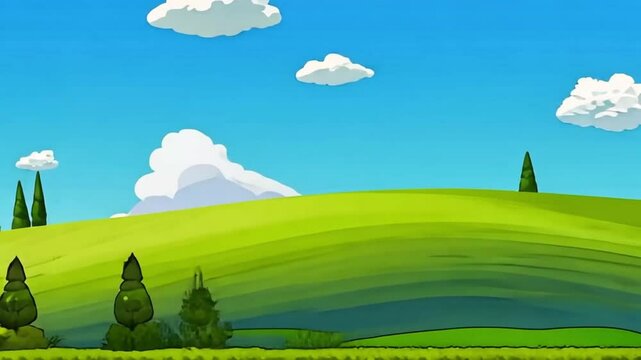 Animated Cartoon Landscape with Rolling Hills and Cloudy Blue Sky