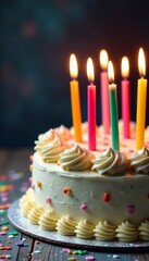 Close-up of festive birthday cake with colorful candles, celebration, colorful, dessert