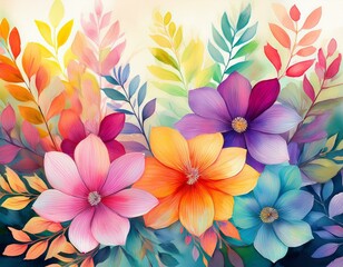 Fototapeta premium watercolor floral pattern with colorful spring flowers and leaves in colors schemes background